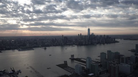New York City Circa-2015, wide angle aerial view of Manhattan from Jersey City