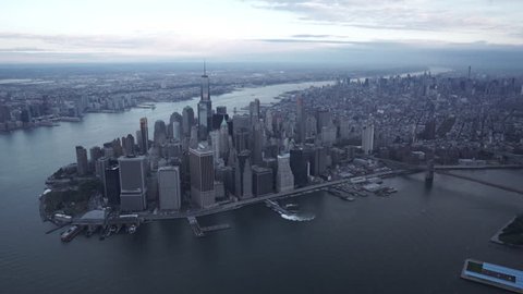 New York City Circa-2015, wide angle aerial view of Lower Manhattan's Financial District from the East River.