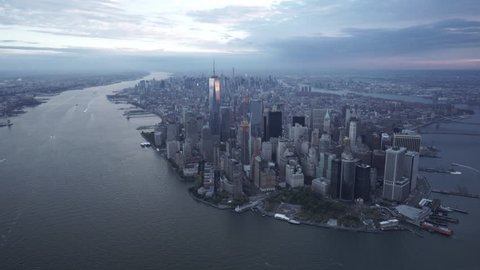 New York City Circa-2015, daytime wide angle aerial view of of Manhattan's skyline from New York Harbor over the Financial District
