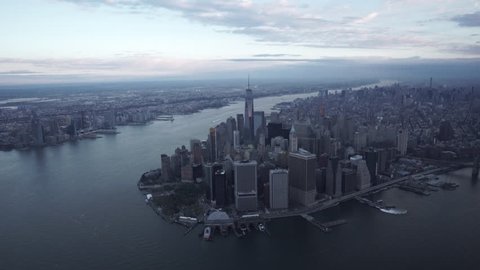New York City Circa-2015, wide angle aerial view of New York's Financial district and Lower Manhattan from the East River