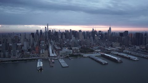 New York City Circa-2015, wide angle aerial view of Midtown Manhattan skyline from the Hudson River
