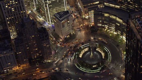 New York City Circa-2015, telephoto aerial view above Columbus Circle and W 59th St at night