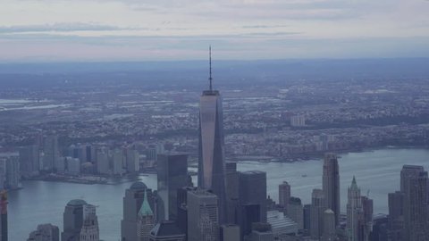 New York City Circa-2015, aerial view of Lower Manhattan Financial district skyscrapers, the Hudson River and Jersey City at sunrise