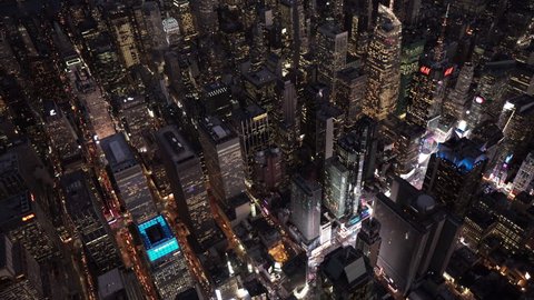 New York City Circa-2015, high angle aerial view over Midtown Manhattan and Times Square at night