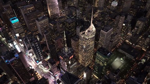 New York City Circa-2015, high angle aerial view at night over Midtown Manhattan, Times Square and Bryant Park