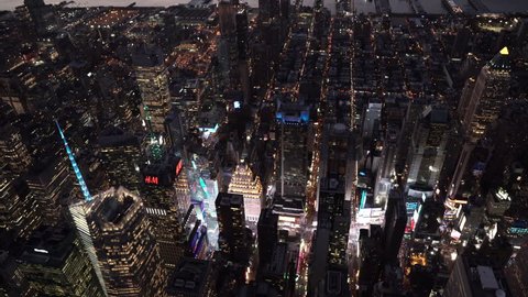 New York City Circa-2015, wide angle aerial view over Midtown Manhattan and Times Square at night