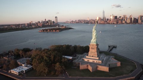 New York City Circa-2015, aerial view of Statue of Liberty and Lower Manhattan