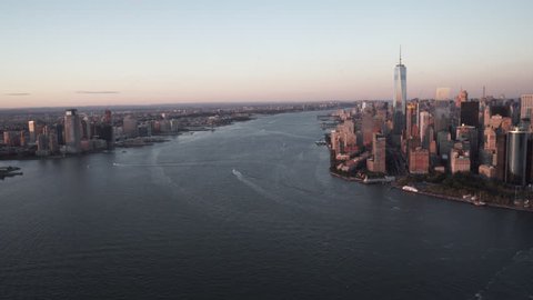 New York City Circa-2015, daytime aerial view of Lower Manhattan and the Staten Island Ferry