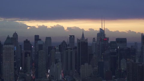 New York City Circa-2015, telephoto aerial view of Midtown Manhattan skyscrapers from the Hudson Yards at sunrise