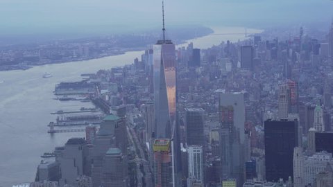 New York City Circa-2015, aerial view of Lower Manhattan Financial District skyscrapers, One World Trade Center and the Hudson River before sunrise