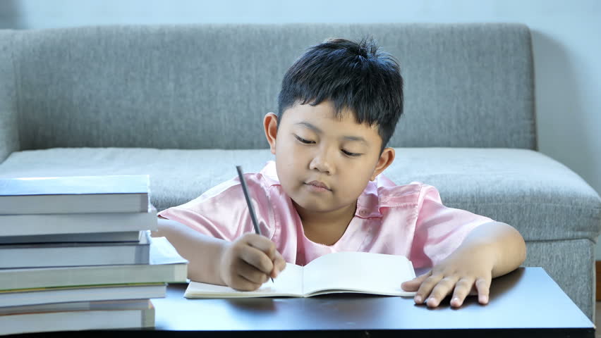Cute little boy asian write into book, Happy smile at home. education concept
 | Shutterstock HD Video #1017520930