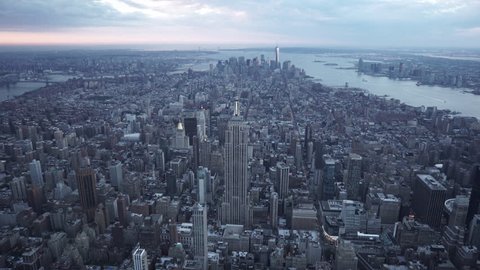 New York City Circa-2015, wide angle aerial view of the city from Midtown to Lower Manhattan