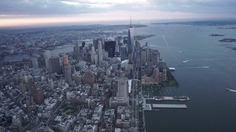 New York City Circa-2015, wide angle aerial view flying toward the Financial District from Tribeca