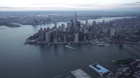 New York City Circa-2015, wide angle aerial view of Lower Manhattan's Financial District and the East River from Brooklyn Heights