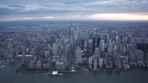 New York City Circa-2015, wide angle aerial view of Lower Manhattan's Financial District, panning left to reveal Midtown Manhattan's skyline from the Hudson River