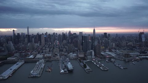 New York City Circa-2015, wide angle aerial view of Midtown Manhattan skyline from Pier 84 and the Hudson River