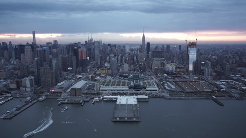 New York City Circa-2015, wide angle aerial view of Midtown Manhattan skyline from Pier 78 and the Hudson River