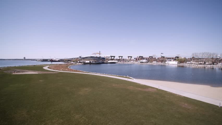 Aerial drone view of Summerfest Grounds Milwaukee over the lake.