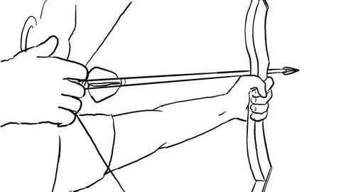 2d Animation motion graphics showing a drawing of an archer with bow shooting arrow hitting bullseye,bull's-eye or bulls eye on white and green screen with alpha matte in HD high definition.
