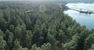 Close-up aerial view of drone in action, flying and taking photo or filming above forest