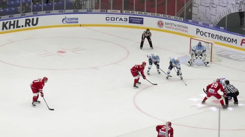 PODOLSK - SEPTEMBER 30, 2018: A. Krasikov (84) miss a score on hockey game Vityaz vs Sibir Novosibirsk on Russia KHL championship on September 28, 2018, in Podolsk, Russia
