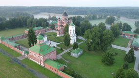 4K footage of drone flight above the Spaso-Borodinsky monastery in Shevardino village from the birds sight, Moscow region, Russia
