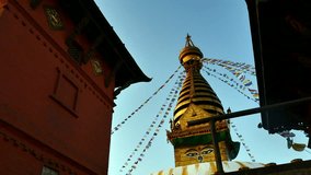 4K video of The Swayambhunath Stupa with blue sky in Kathmandu, Nepal.