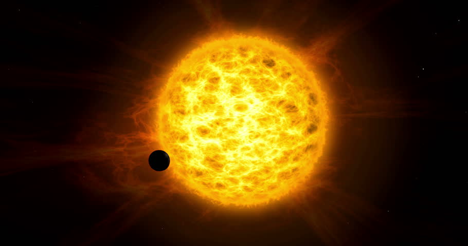 Planet transit on sun. Exoplanet eclipse on star with big plasma clouds in background. Royalty-Free Stock Footage #1017546883