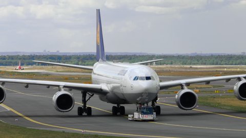 FRANKFURT AM MAIN, GERMANY - SEPTEMBER 4, 2015: Lufthansa Airbus A340-600 taxiing at Frankfurt Airport