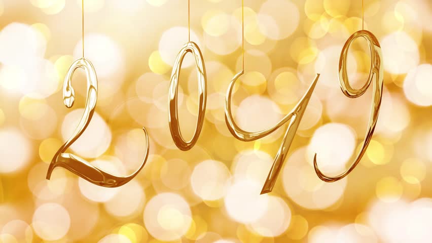 Seamless loop, golden 2019 numbers hanging, bokeh lights nackground. Video HD