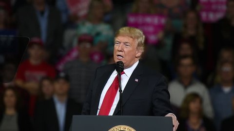 Topeka Kansas, USA, October 6, 2018
President Donald Trump speaks to a crowd of over 11,000 at the MAGA rally in support of Republican Candidate for Governor Kris Kobach and Steve Watkins for congress