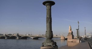 4K high quality video of sunrise in Saint Petersburg, beautiful vintage architecture in city center, sphinxes statues monuments at Neva River embankment of the Russia's northern capital