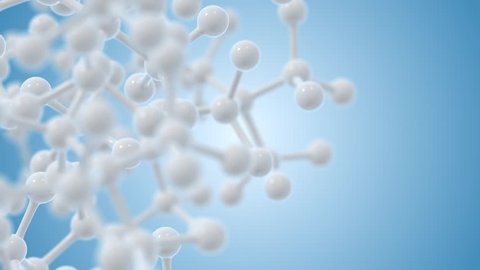 Animated rotating white molecule model on a blue background.