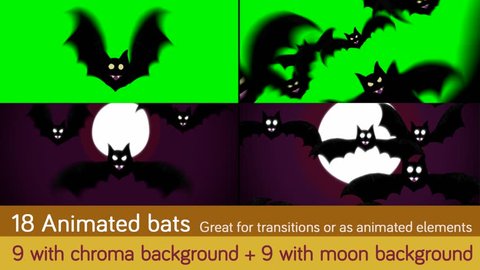 Several compositions of cartoon bats flying, with chroma background and night background