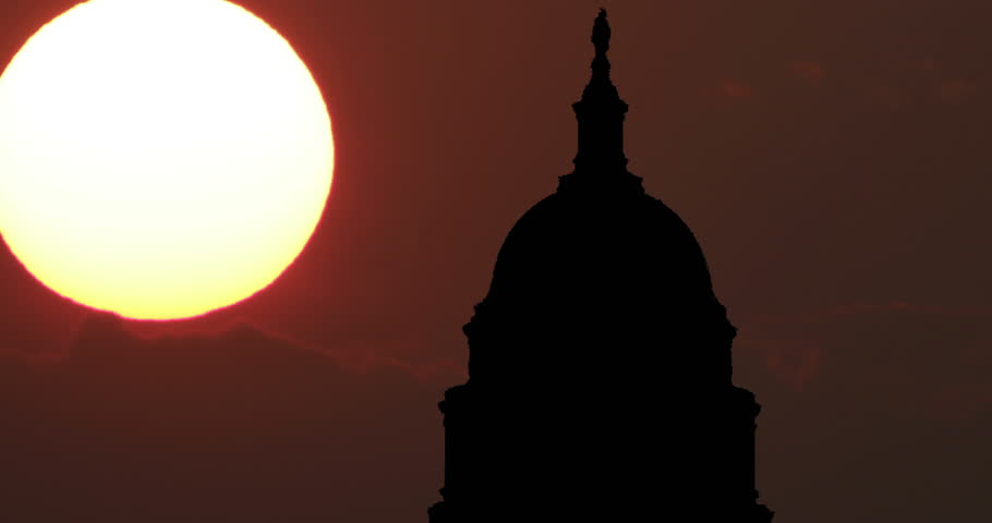 Capitol Dome Washington DC USA silhouette Timelapse at Sunset. Landmark, symbol of the town and of United States of America. Creative vision. Political center.