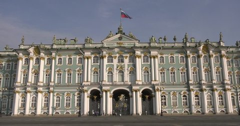 4K sunny morning video of Saint Petersburg's Hermitage Winter Palace czars famous residence now museum, Palace Square area near Neva River embankment in historical center of Russia's northern capital