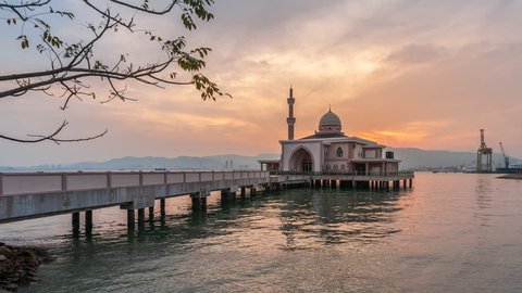 Sunset at floating mosque near Penang Port at Penang, Malaysia. Time lapse