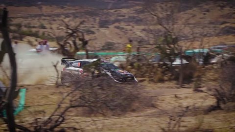 Queretaro, Guanajuato / Mexico - 03 10 2018: Red Bull Rally Car driving at a stage in Mexico.