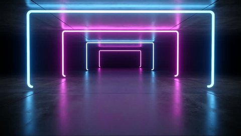 Futuristic Sci Fi Dark Empty Room With Blue And Purple Neon Glowing Line Tubes On Grunge Concrete Floor With Reflections 3D Rendering Animation