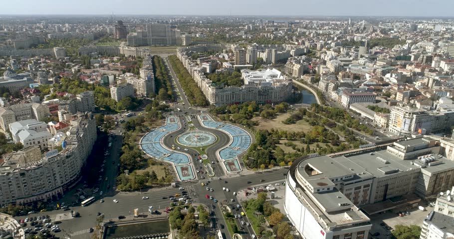 Aerial view of Unirii Square, Bucharest Romania on a sunny day.