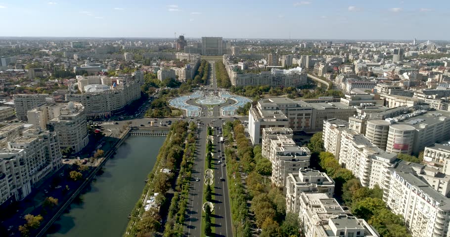 Aerial view of Unirii Square, Bucharest Romania on a sunny day.