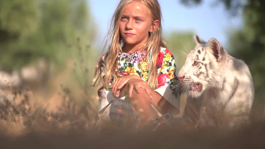 Beautiful little girl plays with a white tiger.