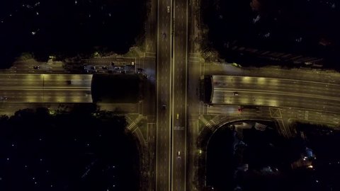 Aerial Vertical View Of Transport Intersection At Night In Singapore