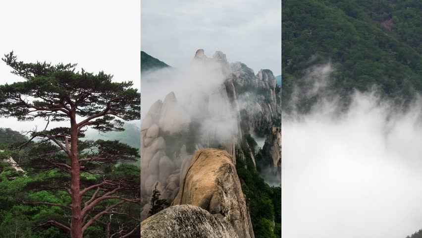 3 in 1. Vertical Video for Social Media Applications on Mobile Devices. Ulsanbawi Rock. Mountain in Seoraksan National Park, South Korea
