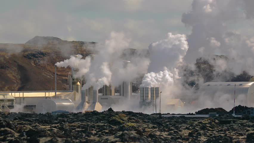 Geothermal power plant in Iceland, panning shot