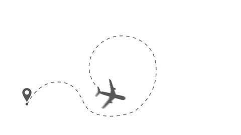 Airplane line path footage video of air plane flight route with start point and dash line trace on white background