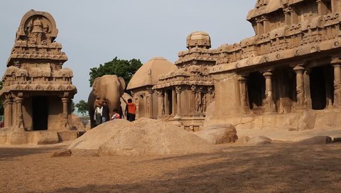 MAMALLAPURAM,TAMIL NADU, INDIA - SEPTEMBER 2018: Historical monolithic architecture built by the Pallava dynasty, Mahabalipuram, Kancheepuram District, Tamil Nadu, India