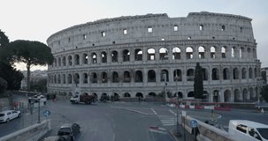 Aerial Drone footage view sunrise of Colosseum in Rome Italy // no video editing