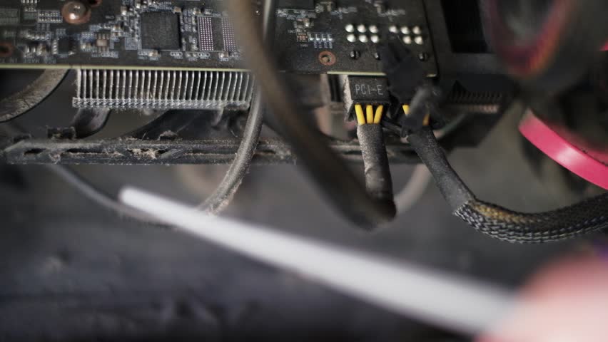 Cleaning old dusty electronics computer, lots of dirt and dust blown by compressed air, old wires and steel, old wires cleaning by proffesional specialist