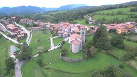 Aerial View from a Drone in village of Camprodon. Romanic Church of Catalonia,Spain